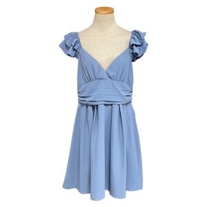Mint Choco Blue Ruffle Sleeve V-Neck Mini Dress NWT Open Back Size Large L